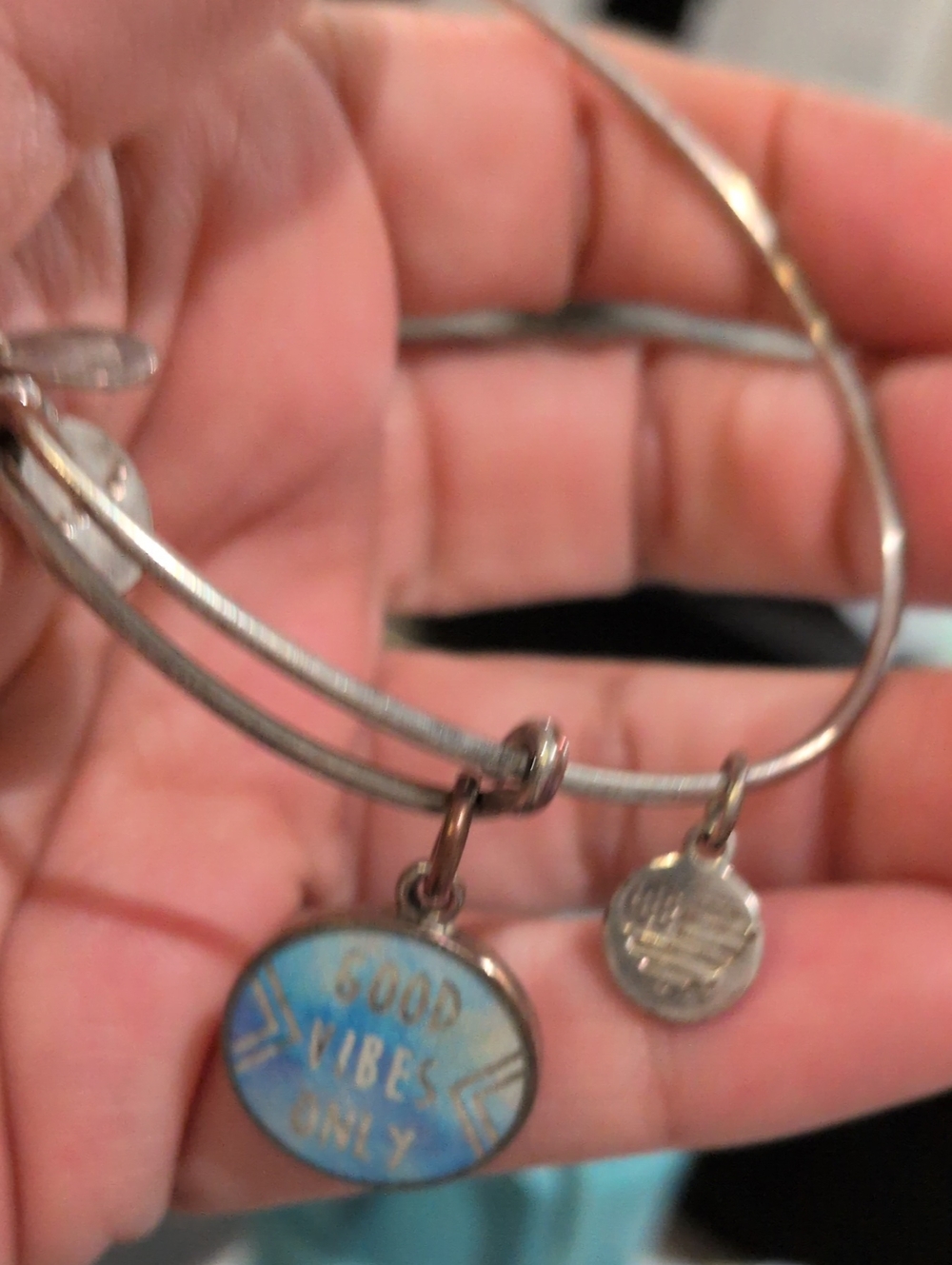Alex and Ani Silver Tone Bracelet with Blue "Good Vibes Only" Charm